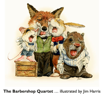 Four of Jim Harris’s favorite characters: ‘The Barbershop Quartet’  Character development, Jim says, is the most important part of the whole process of illustrating a picture book.
